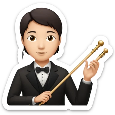 asian Create a sophisticated and elegant emoji that represents orchestration and arrangement. The design should feature a conductor’s baton, musical notes, and a symphonic score, symbolizing the process of arranging and orchestrating music. Incorporate instruments like a violin, trumpet, sticker
