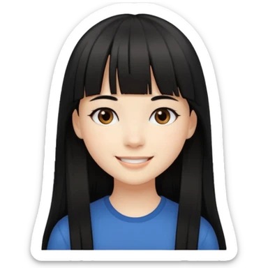 Girl with fair skintone, long straight black hair with bangs, and dark brown eyes, smiling, sticker