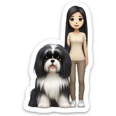 long black hair korean girl with beige and black shih tzu yorkie  sticker