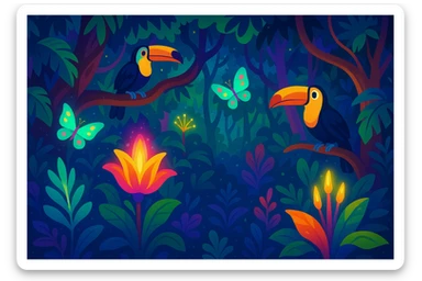 magical Colombian rainforest with glowing plants, toucans, and butterflies, dreamy fantasy-inspired style sticker