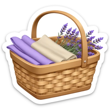 Basket of beige linens and lavender sticker