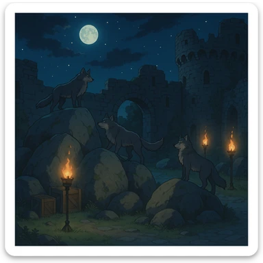 midnight within the ruins of abandoned castle yard, protrude boulders with climbing wolves, amid iron torches and crates tucked behind sticker