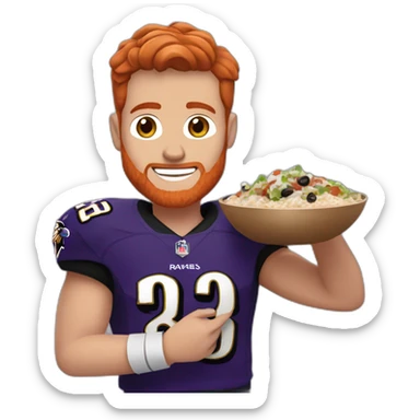 a red haired young man in a ravens jersey eating a chipotle burrito bowl sticker