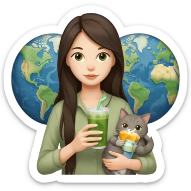 a brunette woman with long hair in here 30S drinking an iced matcha, carrying a grey cat and a map of the world sticker