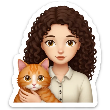 girl with long black curly hair holding a ginger cat sticker