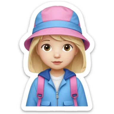 A little girl student white skin, blonde hair, with pink bucket hat, white jacket, blue backpack sticker