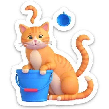 orange tabby cat sitting with a blue bucket stuck on its head, tail curled sticker