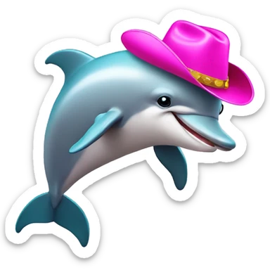 Dolphin with pink cowboy hat and super happy face, with a horse tail sticker
