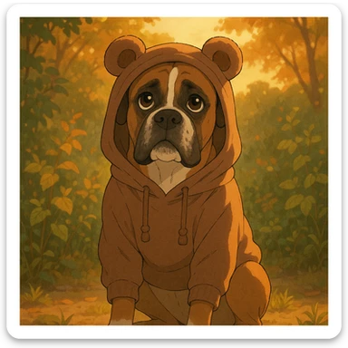 perro bóxer sentado, mirada tierna, buzo con capucha de orejas de osito marrón, iluminación golden hour, entorno natural con follaje, ghibli style sticker