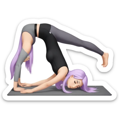 Девушка белокожая в позе собака мордой вниз, с длинными светло-лиловыми волосами, в черном топе, в серых спортивных штанах, с черными ресницами sticker