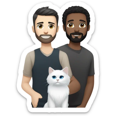 A guy with a black earing and black short hair and black beard and holding a all white Siberian cat with blue eyes  sticker