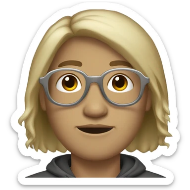 Ashy blond hair, dark eyes, round silver glasses, round nose, dark goatie sticker