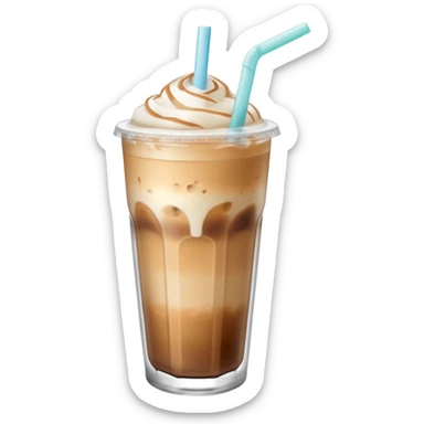 An iced latte in a transparent matte glass, showing how the milk and coffee mix, with ice touching the inner walls of the glass, and a clear lid with a transparent straw on top. Use soft and pastel tones. sticker