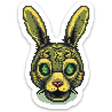 close-up of face damaged animatronic rabbit with visible endoskeleton and unsettling look, Springtrap, pixel art sticker