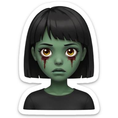 Zombie girl emoji verde escuro com cabelo curto liso preto no ombro e franja na altura da sobrancelha cobrindo completamente a testa, usando uma blusa preta, com olhos castanhos escuros sticker