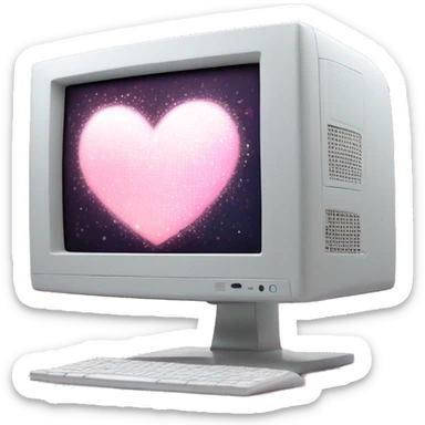 Monitor Emoji "A pastel pink computer monitor displaying a glowing, pixelated heart icon, surrounded by shimmering sparkles and dreamy light trails." sticker