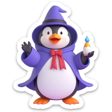 penguin wizard with pointed hat and robe casting a spell sticker