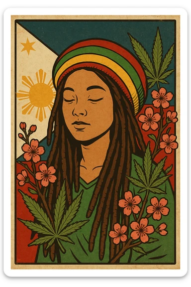 Vintage poster of an Asian Rasta woman with long dreadlocks, peaceful eyes, and a red-gold-green tam. Surrounded by cherry blossoms and ganja leaves. Background Asian flag. Retro reggae fusion vibe, with bold lines and aged paper texture. Philippines with the actual flag
 sticker