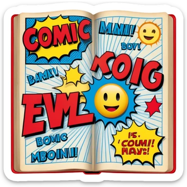 Create a vibrant emoji, representing comic books and graphic novels as an art form. The design should feature a large, opened comic book with vintage comic panels on the pages. Include a pencil (without a hand), writing text or sketching on the pages. The comic panels should have bold lines and retro-style artwork with classic comic book visuals. Use bright, energetic colors like red, yellow, and blue to evoke excitement and creativity. The overall design should feel dynamic, vintage, and artistic. Make the background transparent. sticker