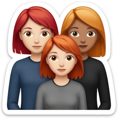 Can you create an image of 3 friends together one with red bright hair light skin one the other with brown hair with some blonde highlights in the hair fair skin the last one with light brown a tint of orange hair and black hair sticker