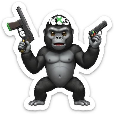 A gorilla holding a gun in the air with a Xbox controller  sticker