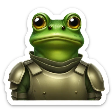 A frog doing the thousand yard stare with army armor on sticker