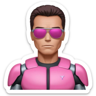 Schwarzenegger-like Terminator, upper body only, wearing his iconic clothes in pink (all clothes must be pink), looking more human with minimal robotic details, and wearing dark sunglasses, hair must be dark sticker