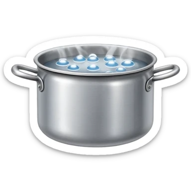 small metal pot filled with boiling water on a stove, visible hot steam and rising bubbles, realistic heat effect, shiny pot surface, bright lighting, clean white background sticker