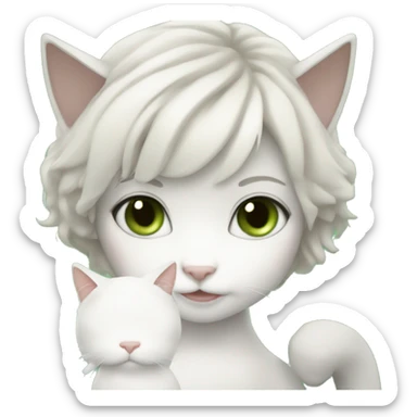 white cat with tan and grey spots on head and green eyes and brunette white girl holding cat sticker