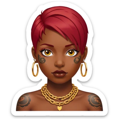 Black dark skin Red hair girl with tattoos on face, gold chain around neck sticker