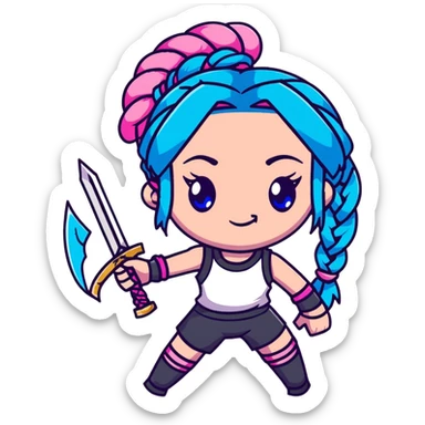Jinx from League of Legends with long blue braids, pink eyes, and weapons sticker