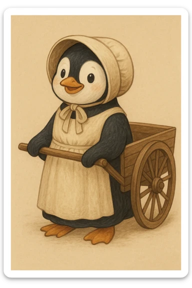 a friendly penguin dressed as a Mormon pioneer, wearing a bonnet and simple pioneer dress, holding a handcart handle, simple background sticker