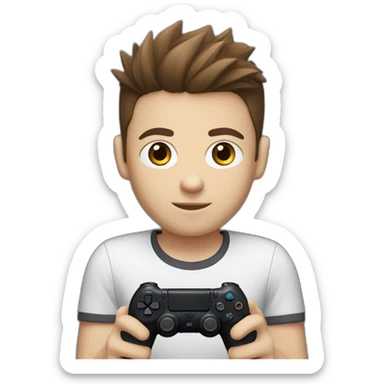 Caucasian boy with spiked Brown hair holding a playstation 4 controller sticker