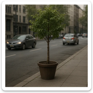 a potted tree on a city sidewalk, separated from the road by a curb, with cars passing by, evoking a sense of loneliness, urban setting, realistic style sticker