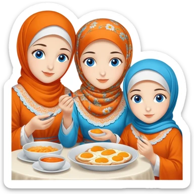Four sister Turkish girls beautiful finish Konya blue eyes with orange floral hijab and Islamic dress and make Breakfast sticker