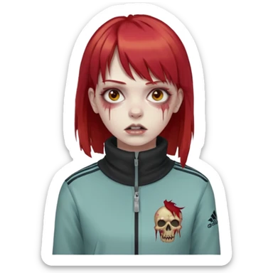 Crie um emoji de uma menina com o cabelo vermelho com uma franja reta zumbi casaco de gola alta da adidas sticker