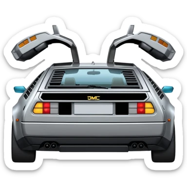 Silver DMC 12 Delorean, closed doors, backside view sticker