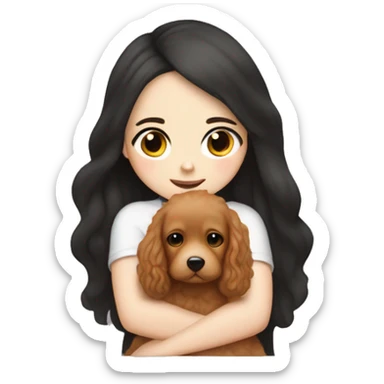 White skinned girl with long black hair cuddling with an apricot coloured cockapoo sticker