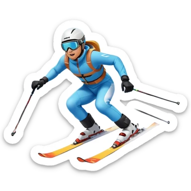 An icon featuring a skier racing down a snow-covered slope, surrounded by snowy peaks, pine trees, and a picturesque mountain landscape. The sky is blue with soft clouds, capturing the thrill and beauty of alpine skiing. Transparent background highlights the excitement and serenity of winter sports. sticker