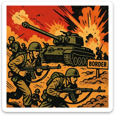 Military tanks and troops with machine guns invading another country in the middle east.  There is a sign saying 'border' in the background and explosions in the background. sticker