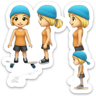 Little blond girl with blue beanie on black skateboard sticker
