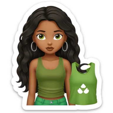 a pretty bratz brown girl with long wavy black color hair and green tank top on sticker