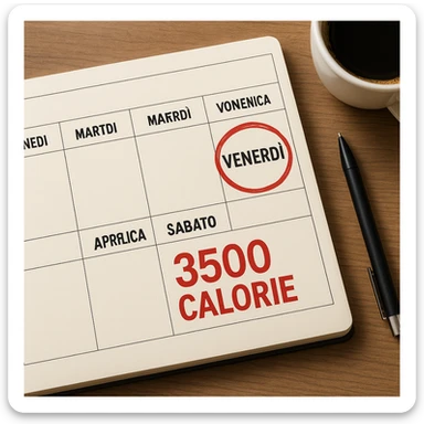A hyperrealistic weekly calendar viewed from above in Italian, showing days from Monday to Sunday. Friday is circled in red. Below Saturday, the text '3500 calorie' is in red and bold. The image has 4K details and a desk atmosphere. sticker