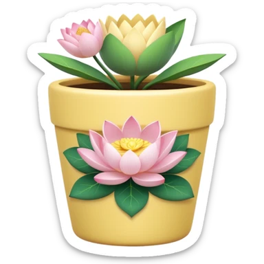 Short, cylindrical ceramic flower pot in pastel yellow, containing a lotus flower plant. sticker