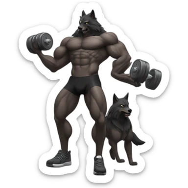 Bodybuilder black wolf pumping dumbbells sticker
