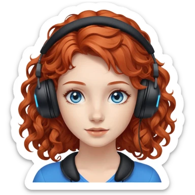 redhead girl with long loose wavy curly hair with black gaming headset and blue eyes sticker