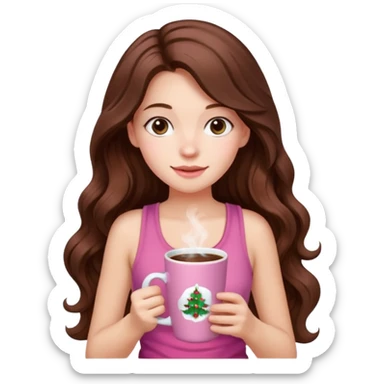 menina branca com cabelos castanhos longos ondulados com xícara rosa na frente com chocolate quente, ela usa blusa de alcinha com estampa de natal sticker
