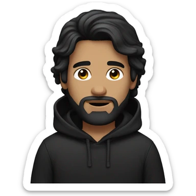 Bearded white guy with medium-length black hair wearing a black hoodie sticker