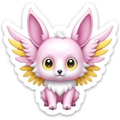 Shiny epic glittery divine white yellow pink animal-fakemon-creature with head-ear-wings, cute, adorable, big eyes sticker