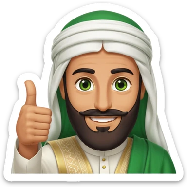 Tanned Arab Saudi man with green eyes and a beard, wearing traditional attire, smiling and giving a big thumbs-up sticker
